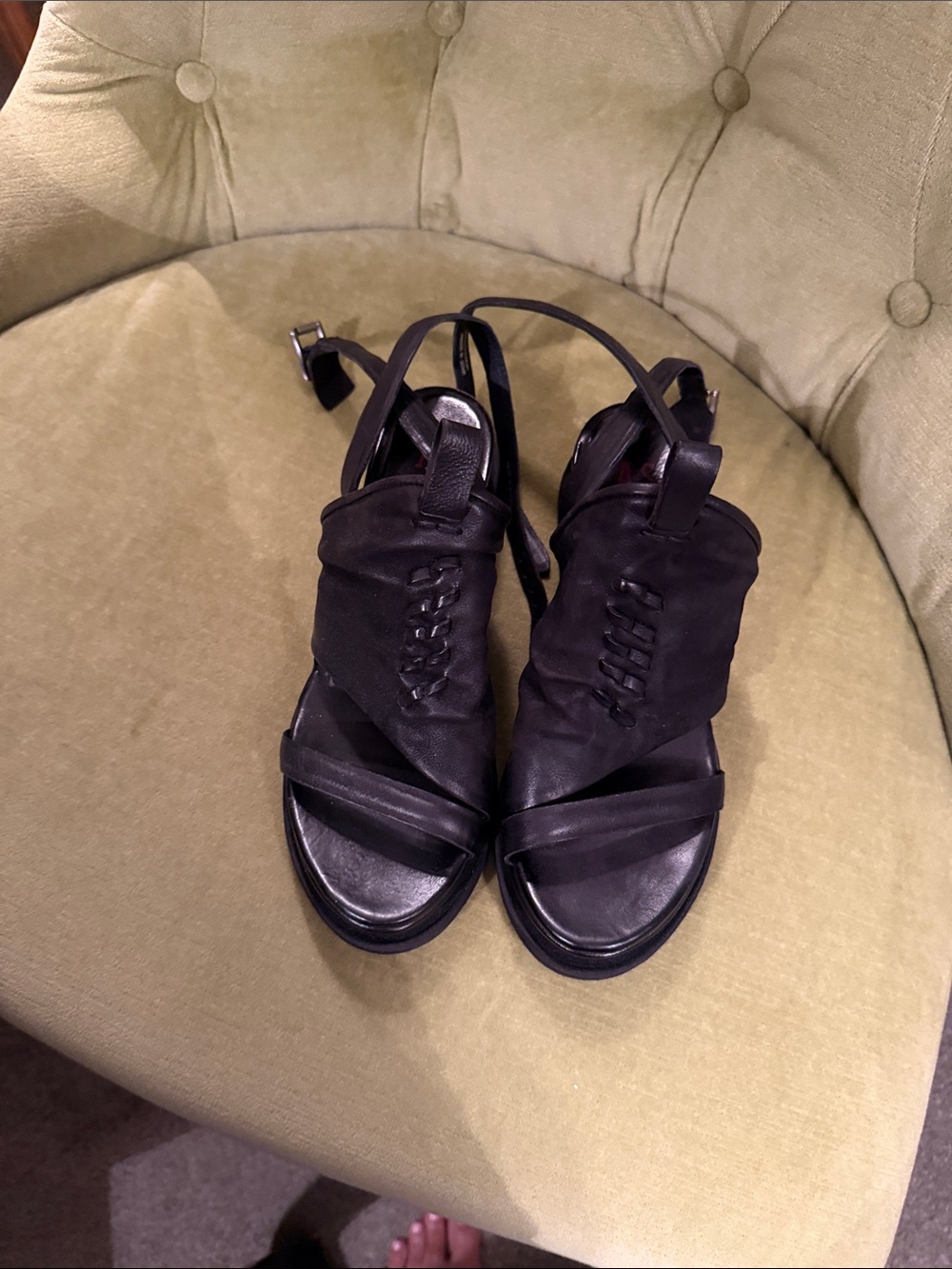A.S.98 Black Leather & Suede Open-Toe Slingback Heels